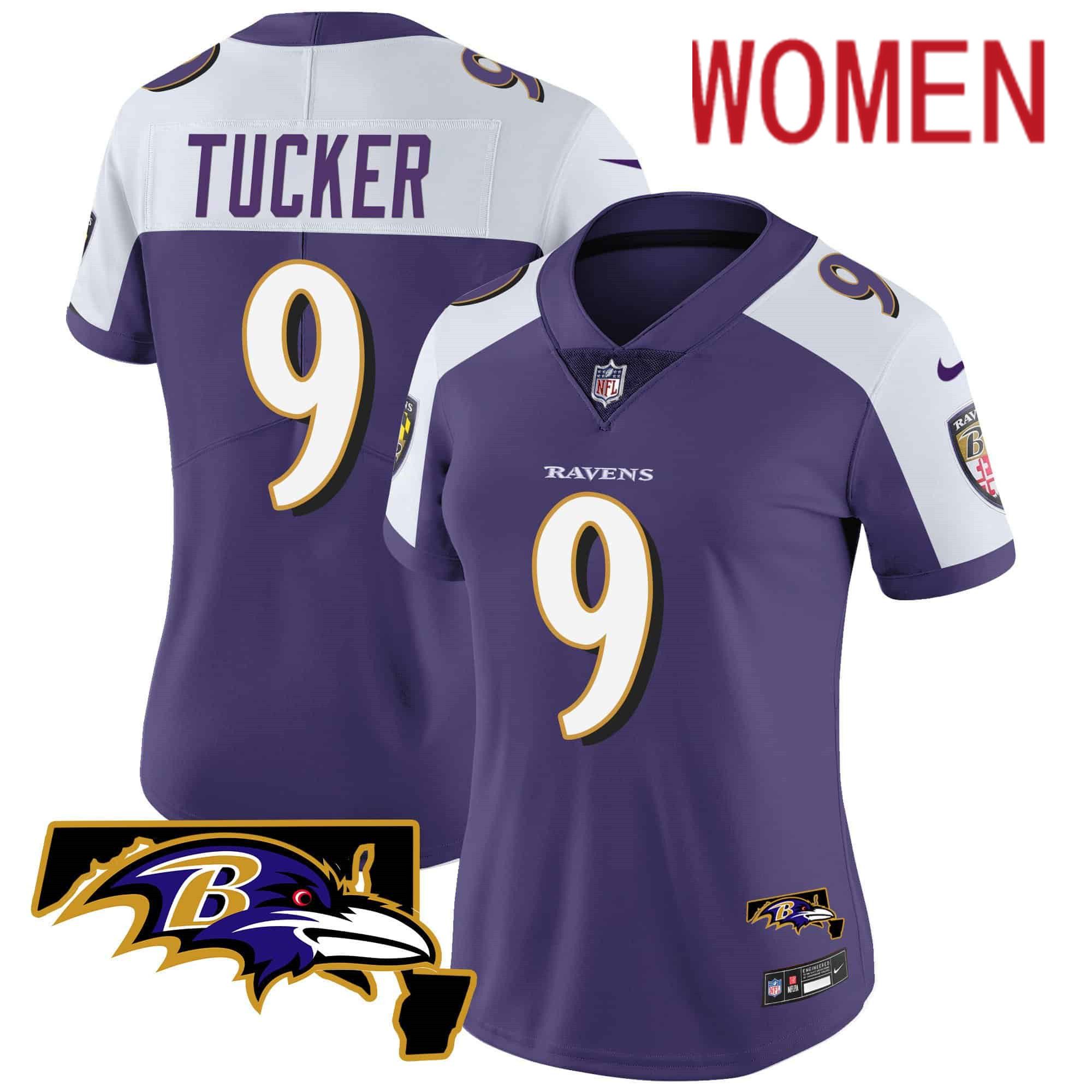 Women Baltimore Ravens 9 Tucker Purple 2024 Nike Maryland Patch Vapor Limited NFL Jersey